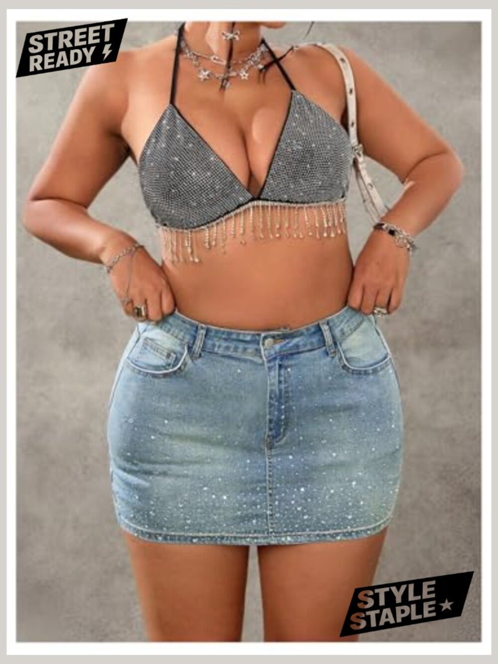Plus Size Rhinestone Glitter Denim Mini Skirt with Pockets High Waist - Picture 5 of 5